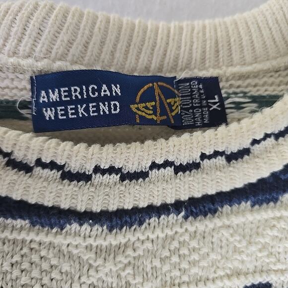 American Weekend Men XL Sweater Cream Blue Nordic Grandpacore Cabin 90s Prep Ski - Picture 5 of 6
